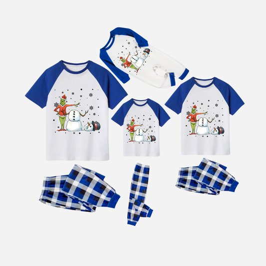 Blue Plaid Short Sleeve Christmas Pajamas Set With Snowman and Christmas Grinch Print