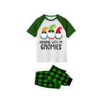 Hanging With My Gnomies Family Pajamas Set - White Top Green Sleeves Green Plaid Pants Colorful Gnomes Graphic