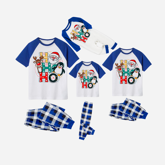 Blue Plaid Short Sleeve Christmas Pajamas Set With "HO HO HO" Pattern Print