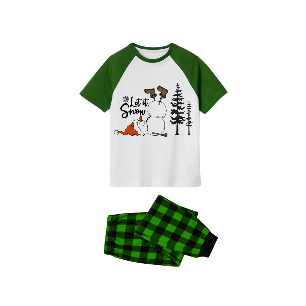 Let It Snow Family Pajamas Set - White Top Green Sleeves Green Plaid Pants Christmas Snowman Graphic