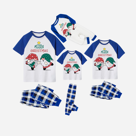 Blue Plaid Short Sleeve Christmas Pajamas Set With Gnome and Merry Christmas Text Print