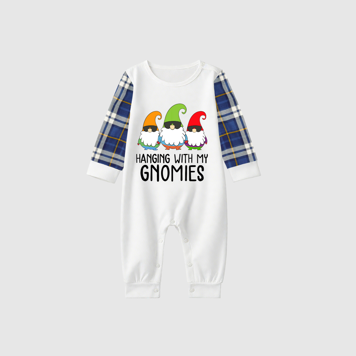 Hanging With My Gnomies Family Pajamas Set - White Top, Blue Plaid Pants, Blue Solid Sleeves, Gnomes Print