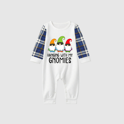 Hanging With My Gnomies Family Pajamas Set - White Top, Blue Plaid Pants, Blue Solid Sleeves, Gnomes Print