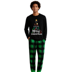 "We Wish You a Merry Christmas" Printed Black & Green Plaid Pants Family Matching Pajamas