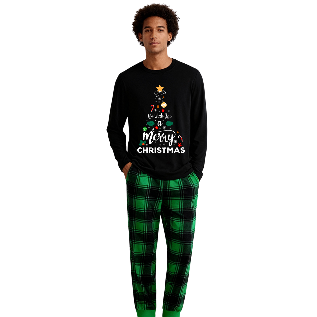 "We Wish You a Merry Christmas" Printed Black & Green Plaid Pants Family Matching Pajamas