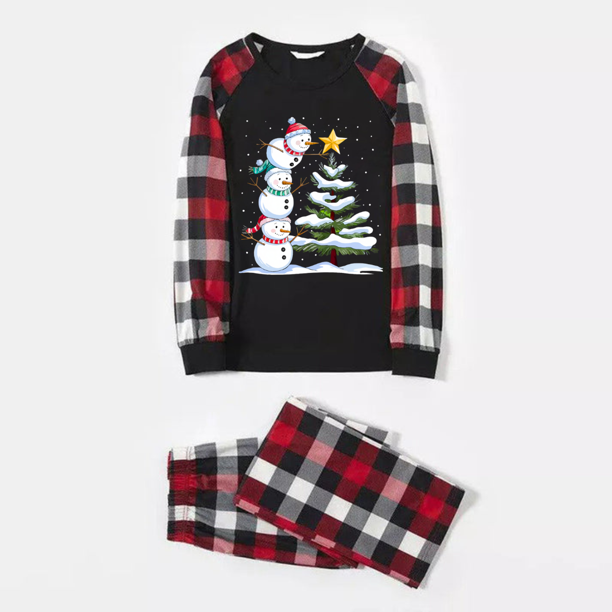 Red and Gray Plaid Christmas Couple Pajamas Set with Snowman & Christmas Tree Print