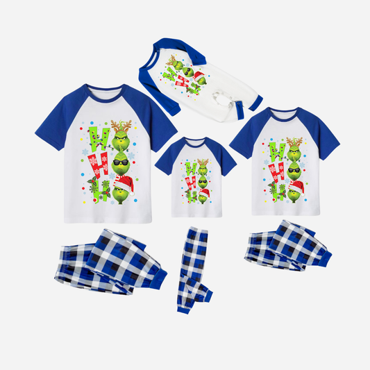 Blue Plaid Short Sleeve Christmas Pajamas Set With "ho ho ho" and Christmas Grinch Print