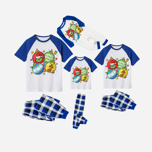 Blue Plaid Short Sleeve Christmas Pajamas Set With Ball Ornaments and Grinch Print