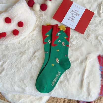 New Women's Mid Calf Socks Christmas Cute Cartoon Embossed Couple Socks Japanese Socks