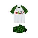 Believe Family Christmas Pajamas Set - White Top Green Sleeves Green Plaid Pants Green Red and Black Graphic