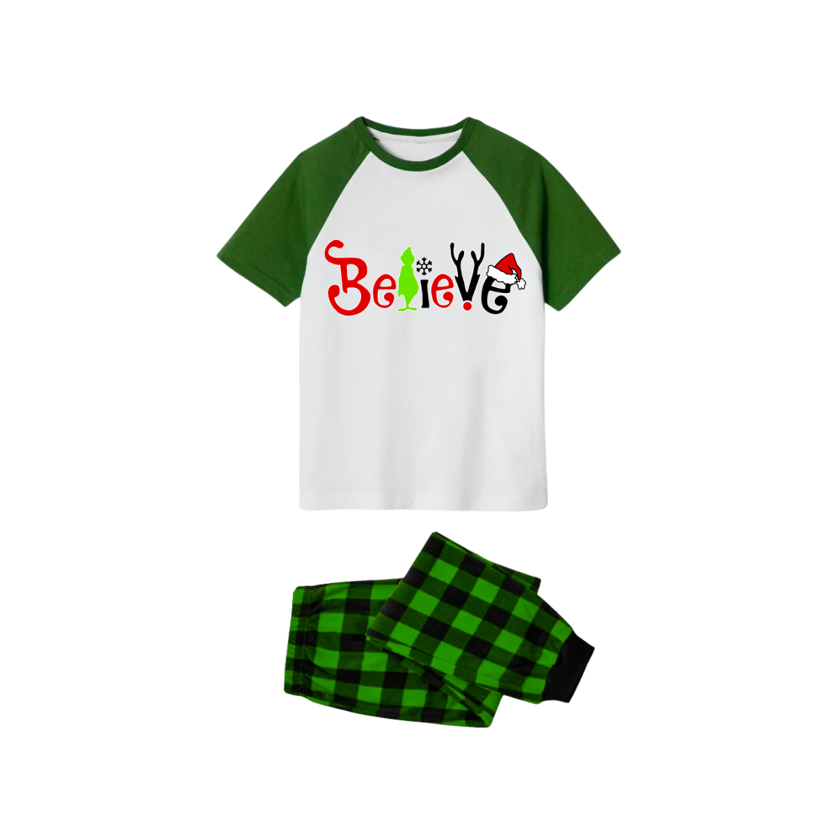 Believe Family Christmas Pajamas Set - White Top Green Sleeves Green Plaid Pants Green Red and Black Graphic