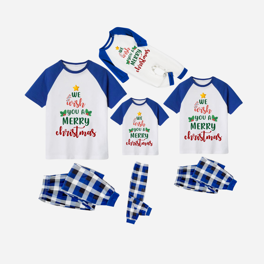 Blue Plaid Short Sleeve Christmas Pajamas Set With "We Wish You a Merry Christmas" Text Print