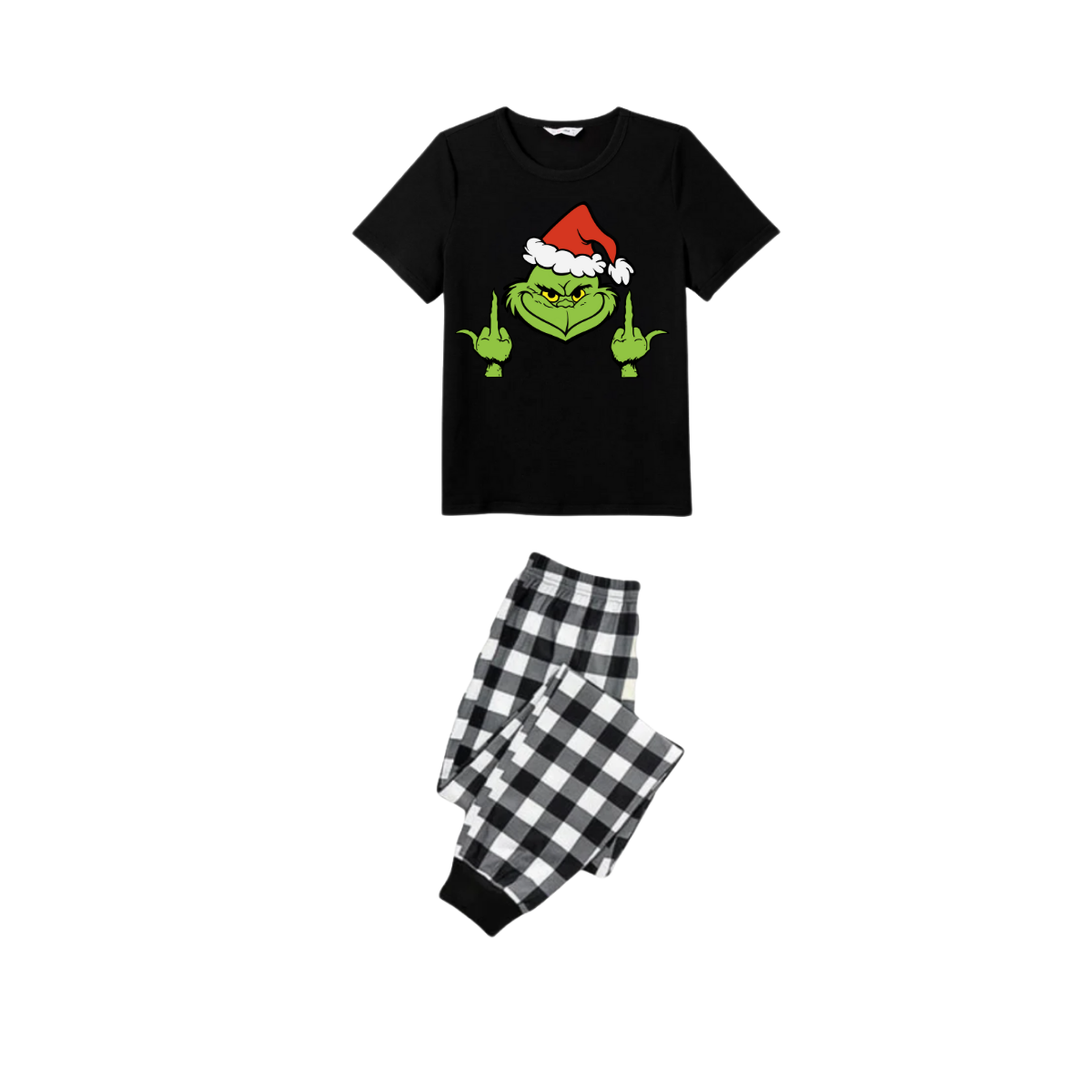 Middle Finger Grinch Family Christmas Pajamas Set - Black Top Black and White Plaid Pants Green Grinch Gesture Graphic