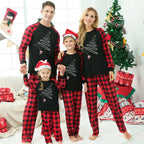 Christmas Santa Claus Print Patterned Casual Long Sleeve Sweatshirts Contrast Black Top and Black & Red Plaid Pants Family Matching Pajamas Set With Pet Bandana