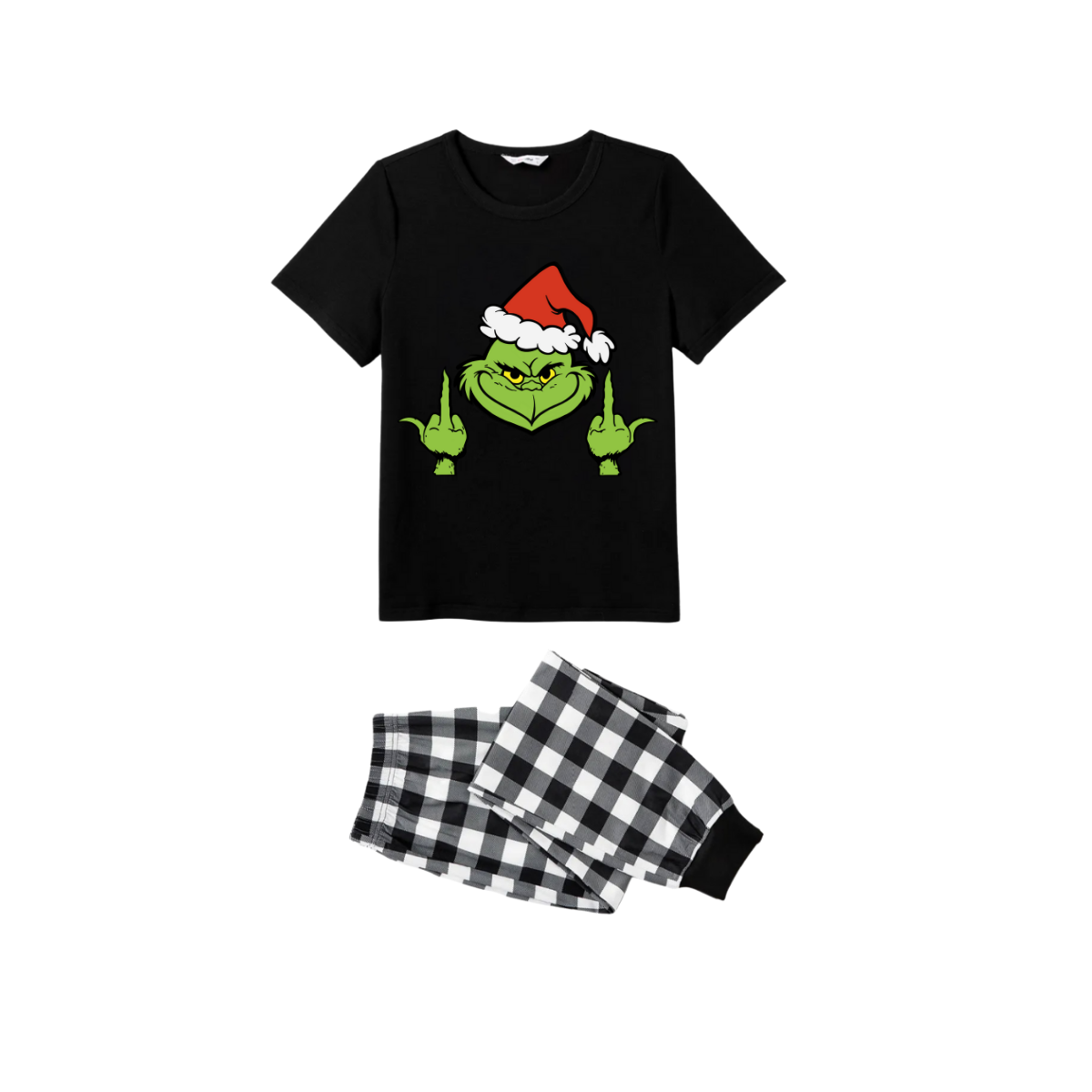 Middle Finger Grinch Family Christmas Pajamas Set - Black Top Black and White Plaid Pants Green Grinch Gesture Graphic