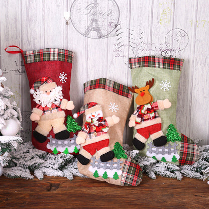 Christmas Decorations Dancing Santa Claus/Snowman/Elk Plaid Linen Christmas Socks