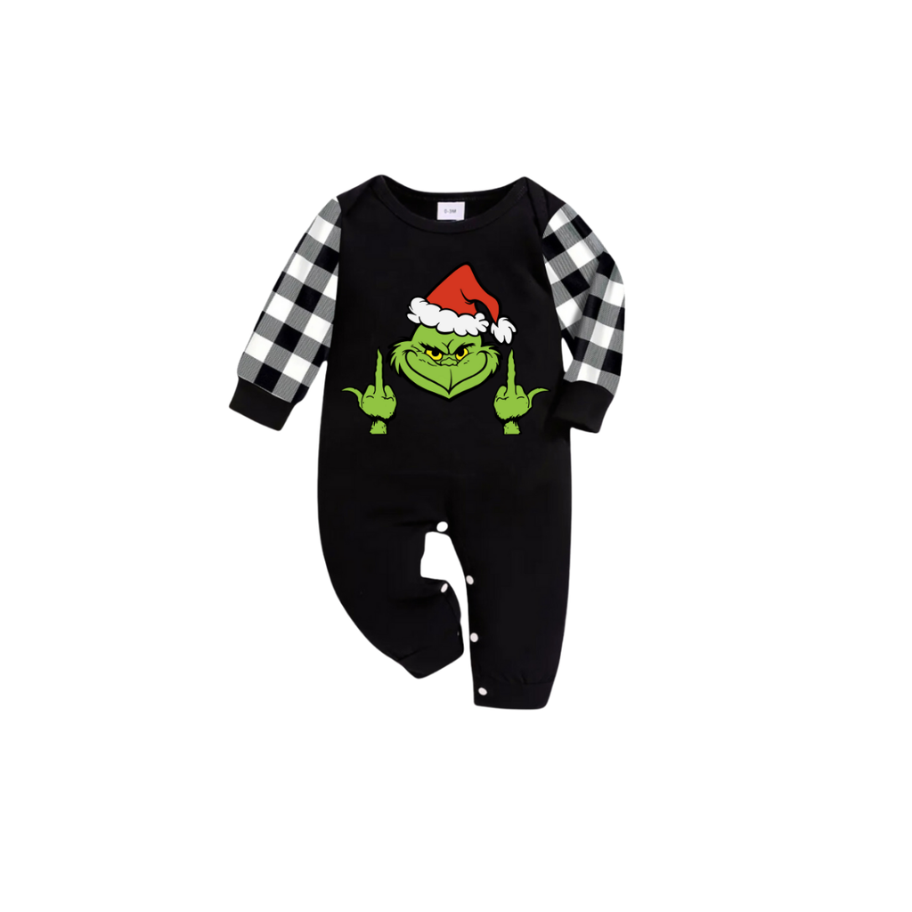 Middle Finger Grinch Family Christmas Pajamas Set - Black Top Black and White Plaid Pants Green Grinch Gesture Graphic