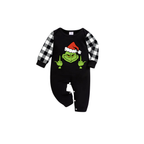 Middle Finger Grinch Family Christmas Pajamas Set - Black Top Black and White Plaid Pants Green Grinch Gesture Graphic
