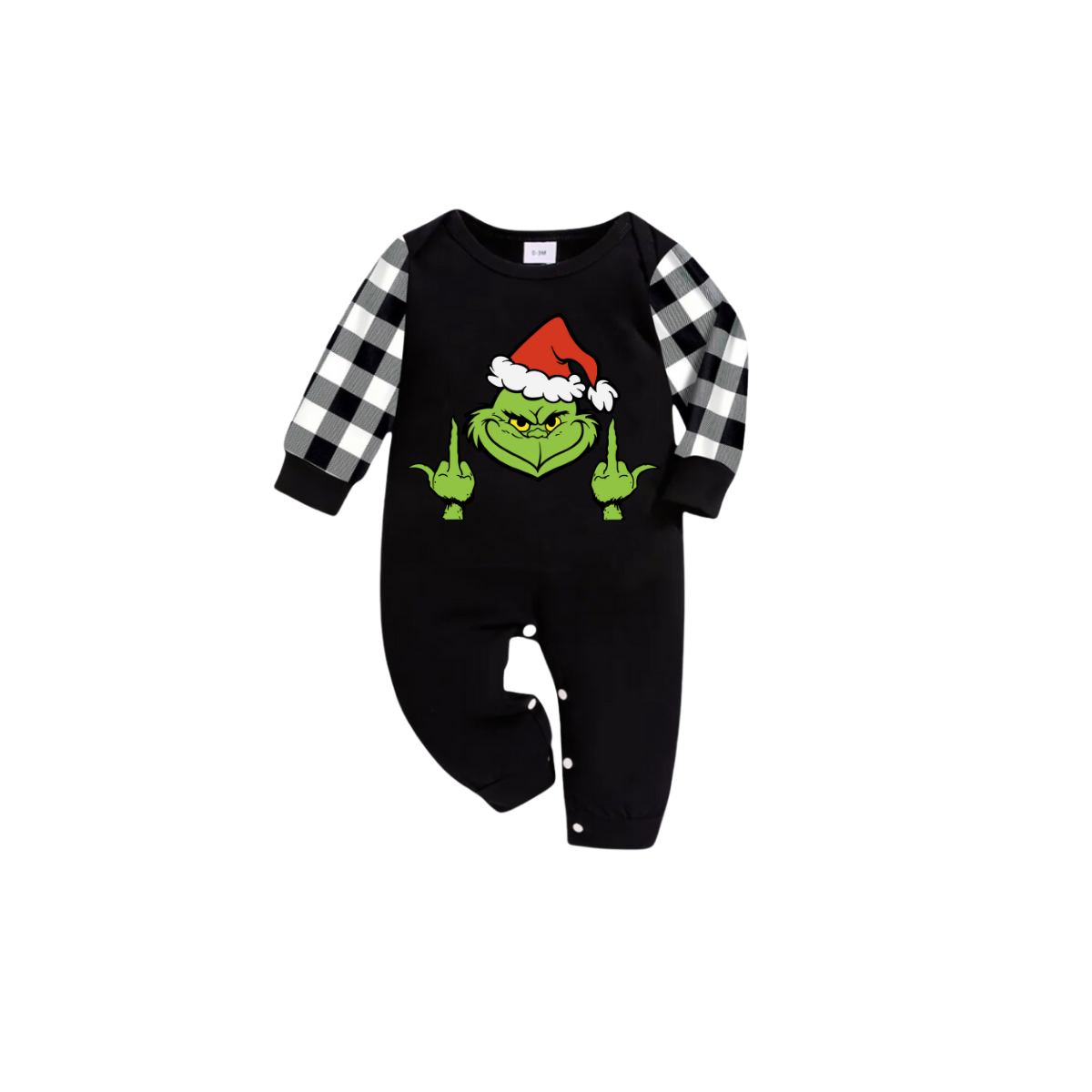 Middle Finger Grinch Family Christmas Pajamas Set - Black Top Black and White Plaid Pants Green Grinch Gesture Graphic