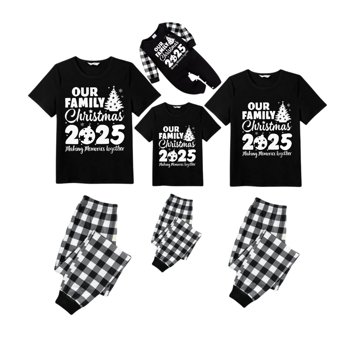 Our Family Christmas 2025 Pajamas Set - Black Top Black and White Plaid Pants White Graphic Text Tree