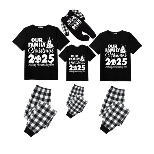 Our Family Christmas 2025 Pajamas Set - Black Top Black and White Plaid Pants White Graphic Text Tree
