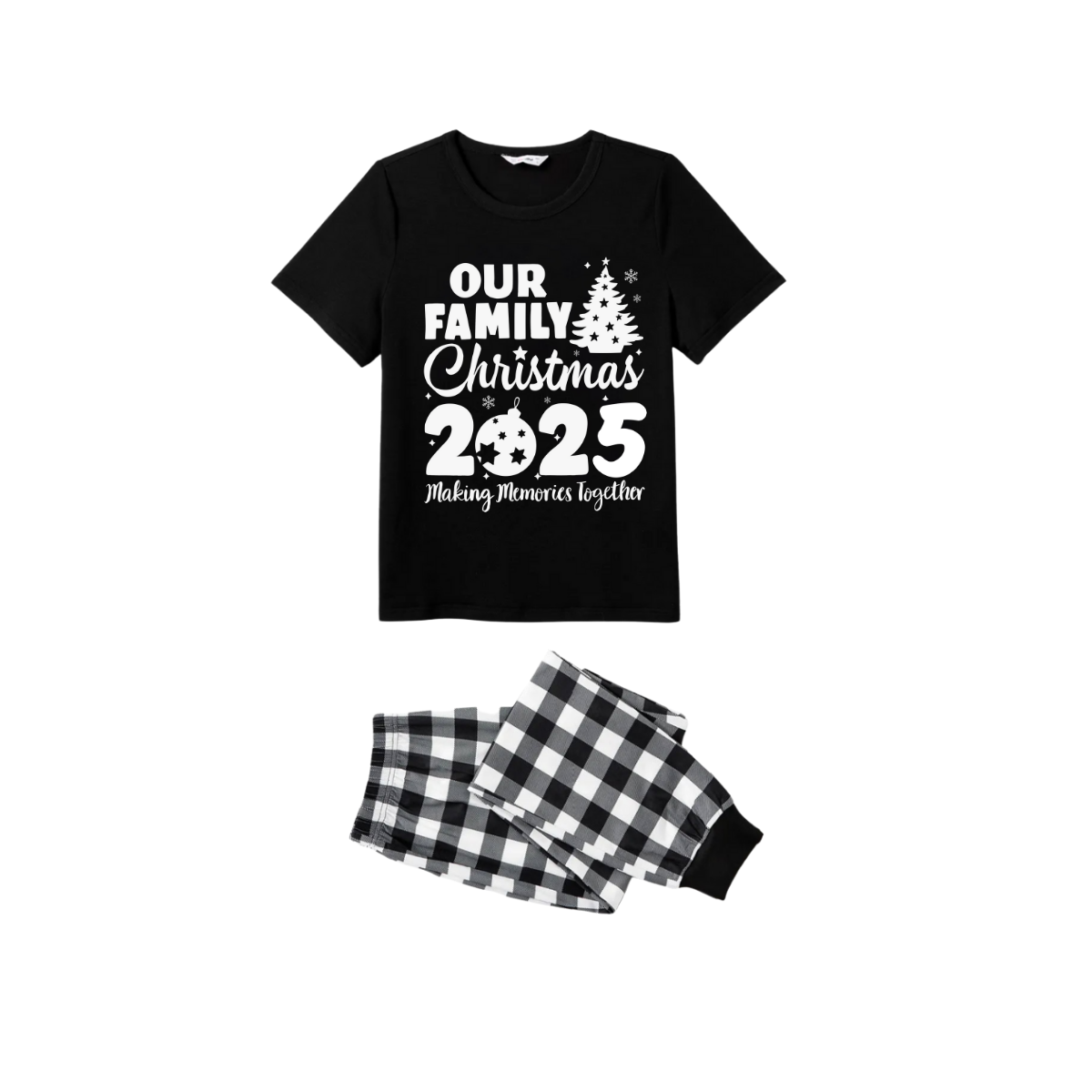 Our Family Christmas 2025 Pajamas Set - Black Top Black and White Plaid Pants White Graphic Text Tree
