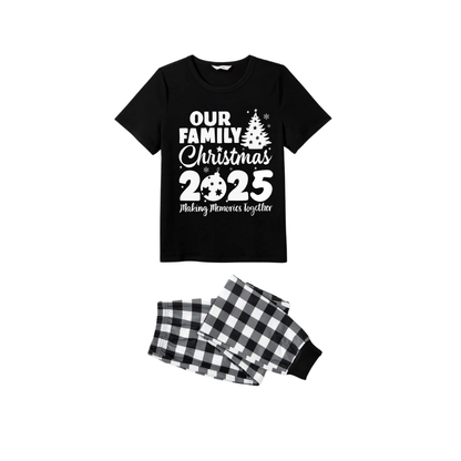 Our Family Christmas 2025 Pajamas Set - Black Top Black and White Plaid Pants White Graphic Text Tree