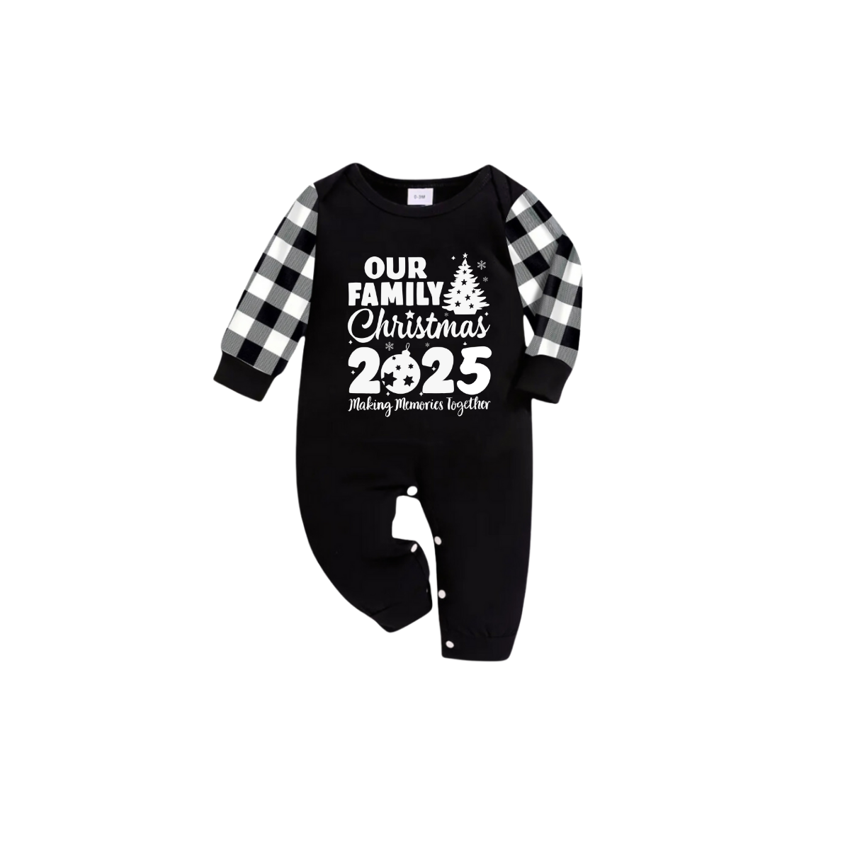 Our Family Christmas 2025 Pajamas Set - Black Top Black and White Plaid Pants White Graphic Text Tree