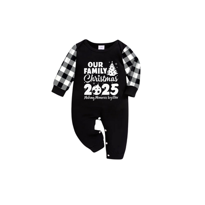 Our Family Christmas 2025 Pajamas Set - Black Top Black and White Plaid Pants White Graphic Text Tree