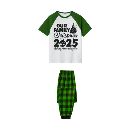 Our Family Christmas 2025 Family Pajamas Set - White Top, Green Plaid Pants, Green Sleeves, Christmas Tree and Ornaments Print