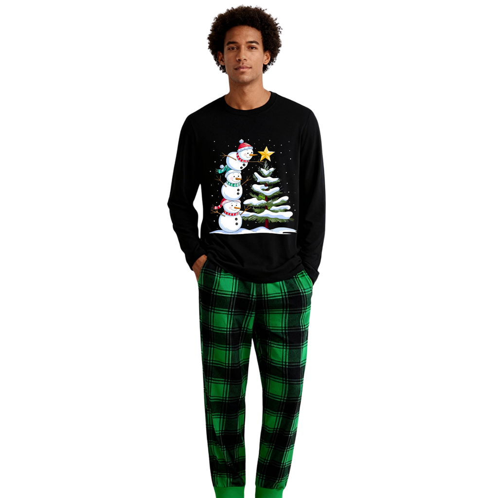 Christmas Family Matching Pajamas-Black Top and Green Plaid Pants Pjs Set with Snowman Cartoon Print