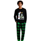 Christmas Family Matching Pajamas-Black Top and Green Plaid Pants Pjs Set with Snowman Cartoon Print