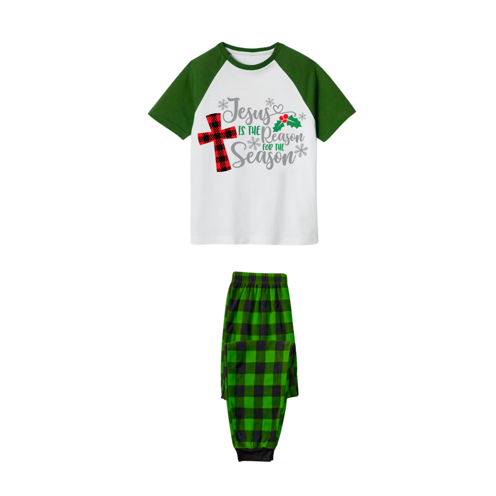 Jesus is the Reason Family Christmas Pajamas Set - White Top, Green Plaid Pants, Green Sleeves, Red Plaid Cross and Holly Print