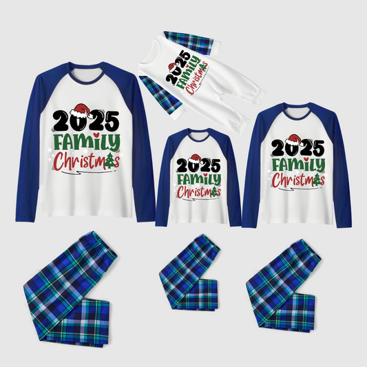 Merry Christmas 2025 Family Pajamas Set - White Top, Blue & Green Plaid Pants, Solid Blue Sleeves, Santa Hat & Christmas Tree Print