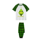 Grinch Ew People Family Pajamas Set - White Top Green Sleeves Green Black Plaid Pants Grinch Face Graphic