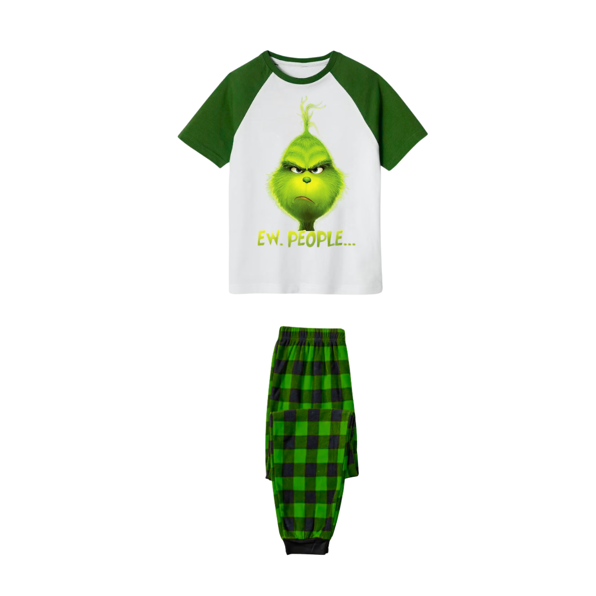 Grinch Ew People Family Pajamas Set - White Top Green Sleeves Green Black Plaid Pants Grinch Face Graphic