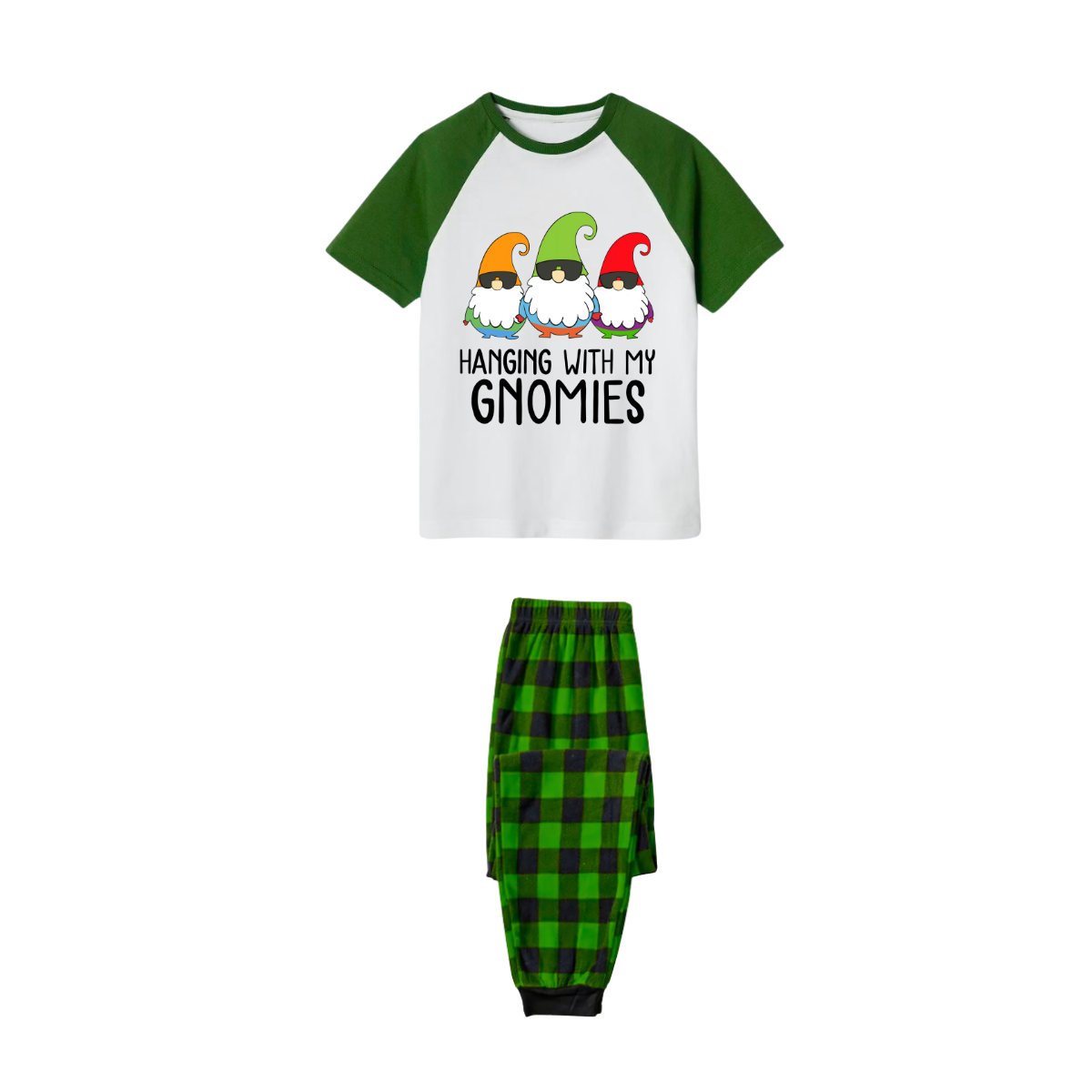 Hanging With My Gnomies Family Pajamas Set - White Top Green Sleeves Green Plaid Pants Colorful Gnomes Graphic