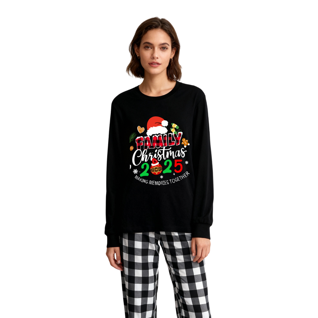 Family Christmas 2025 Making Memories Together Text Print Black Long Sleeve Top with Black And White Plaid Pants Family Matching Pajamas