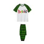 Believe Family Christmas Pajamas Set - White Top Green Sleeves Green Plaid Pants Green Red and Black Graphic