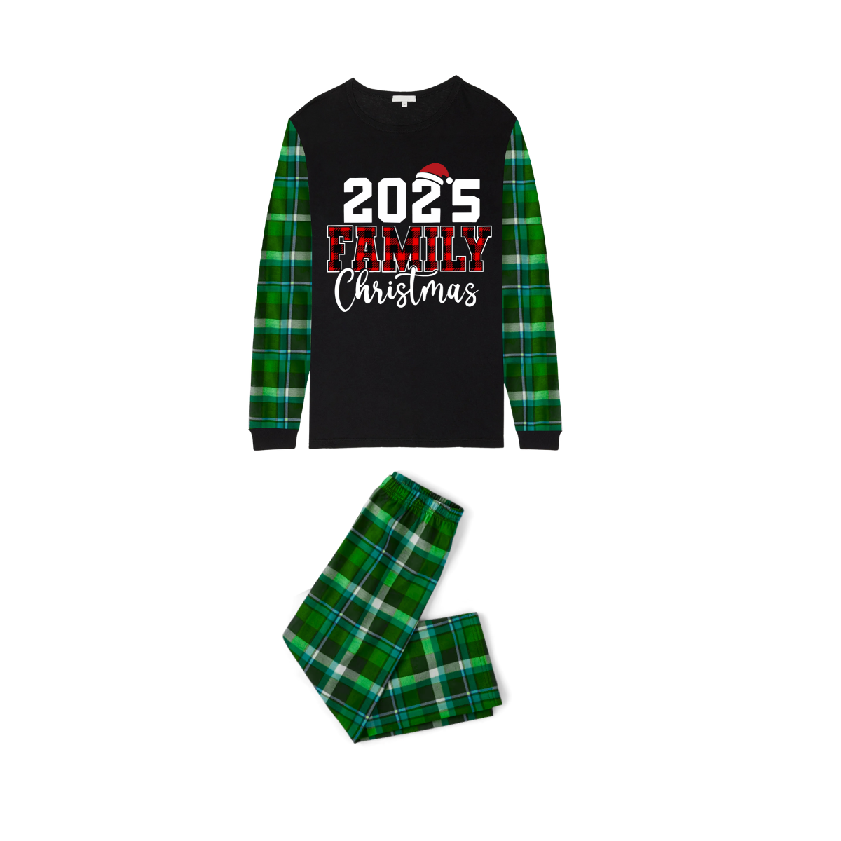 2025 Family Christmas Family Pajamas Set - Black Top, Green Pants, Blue-Green Plaid Sleeves, Letter Print