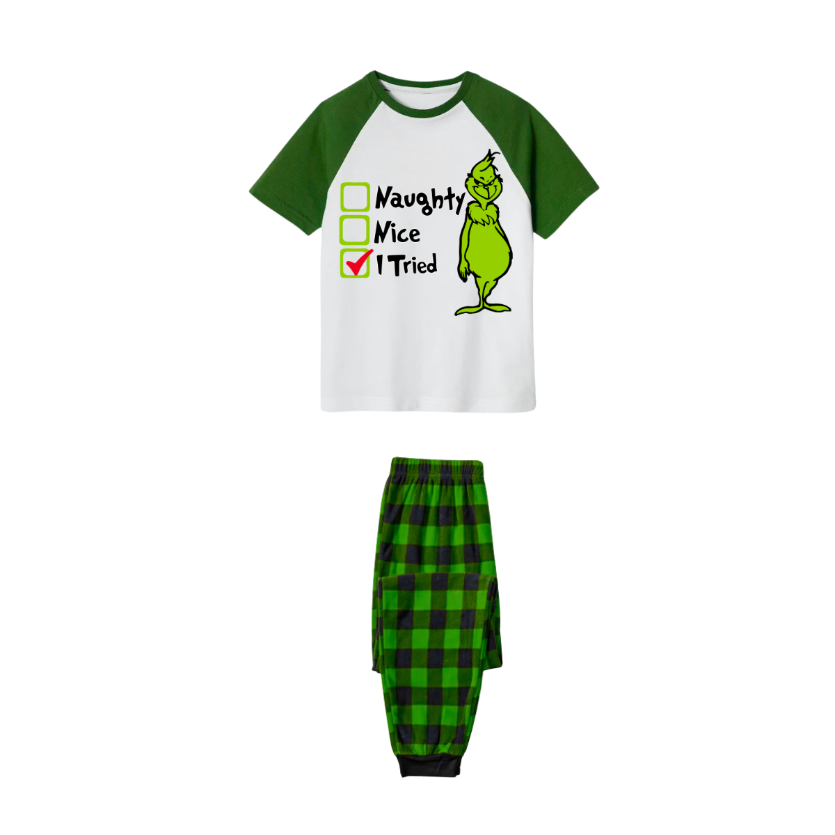 Christmas Grinch Family Pajamas Set - White top Green plaid pants Green raglan sleeves Grinch face with Ew People text