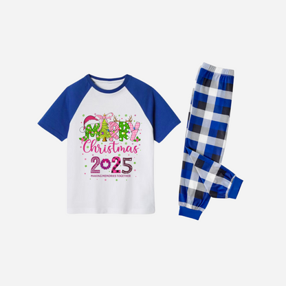 Merry Christmas 2025 Family Christmas Pajamas Set - White Top with Blue Sleeves and Blue Plaid Pants