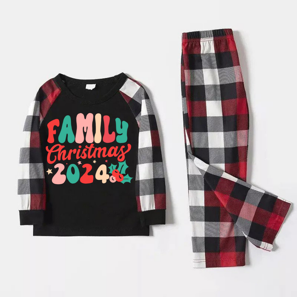 Christmas ' Family Christmas 2024' Letter Print Patterned Casual Long Sleeve Sweatshirts Contrast Tops and Red & Black & White Plaid Pants Family Matching Pajamas Set With Dog Bandana