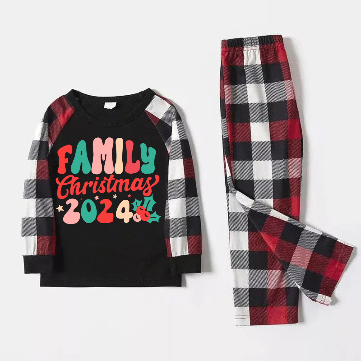 Christmas ' Family Christmas 2024' Letter Print Patterned Casual Long Sleeve Sweatshirts Contrast Tops and Red & Black & White Plaid Pants Family Matching Pajamas Set With Dog Bandana