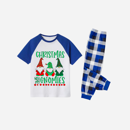 Blue Plaid Short Sleeve Christmas Pajamas Set With "Christmas With My Gnomies" Text Print