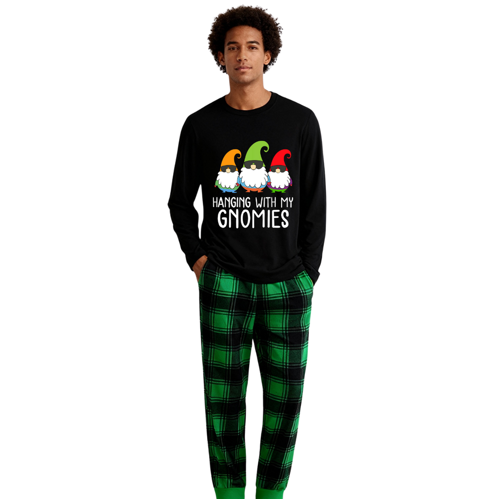 "HANGING WITH MY GNOMIES" Green and Black Plaid Family Matching Pajamas
