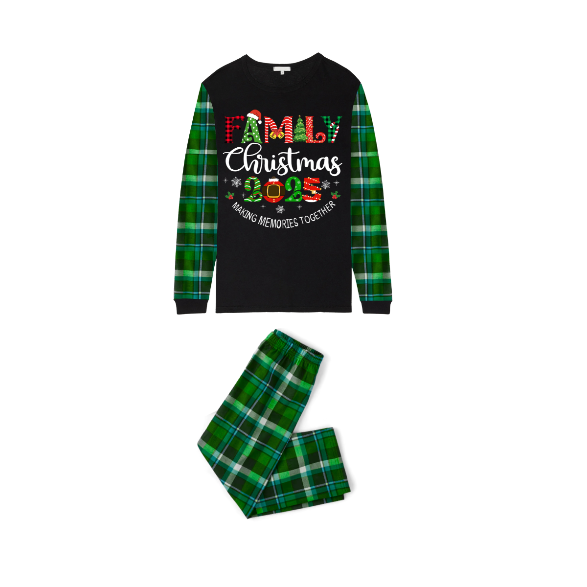 Family Christmas 2025 Making Memories Family Pajamas Set - Black Top, Green Pants, Green-Blue Plaid Sleeves