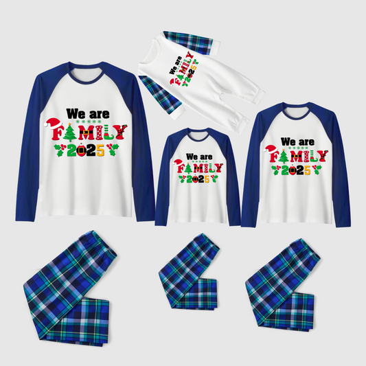 We Are Family 2025 Printed Blue Plaid Contrast Sleeve Top And Plaid Pants Family Matching Christmas Pajamas Sets