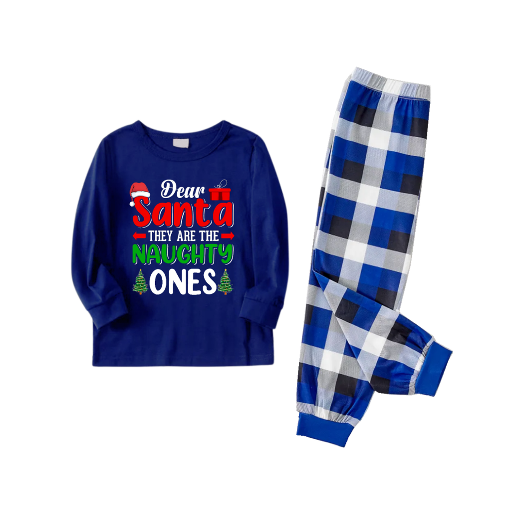 "Dear Santa They Are The Naughty Ones" Text Printed Blue and White Plaid Family Matching Pajamas