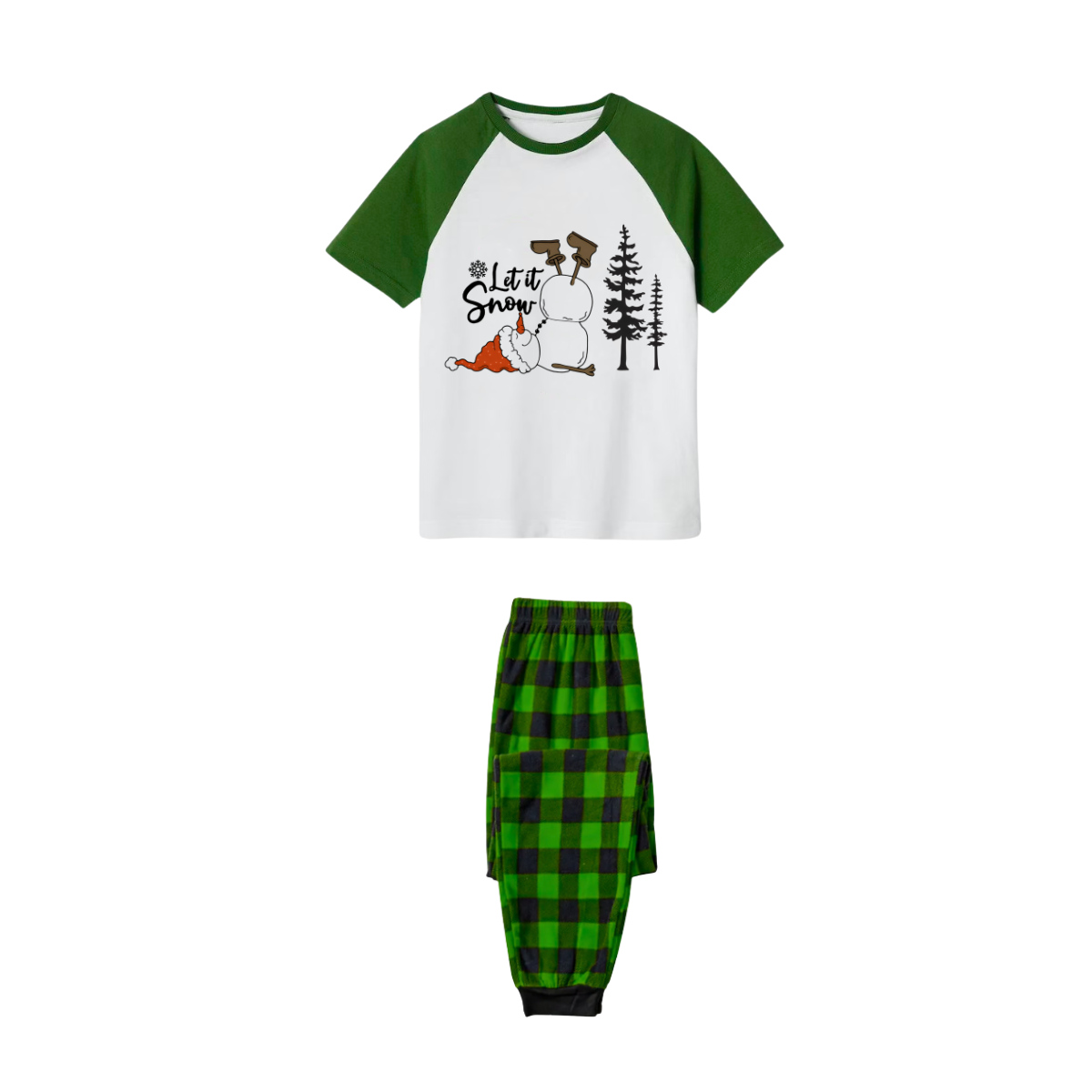 Let It Snow Family Pajamas Set - White Top Green Sleeves Green Plaid Pants Christmas Snowman Graphic